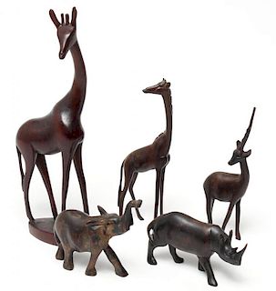 5 African Carved Wood Animal Figures