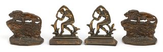 Cast Iron Bookends: Nude Male Dancer And Crouching Lions Ca. 1900, H 5" L 5.5" 2 Pairs