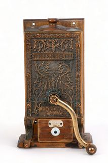 'Telephone Mill' Cast Iron And Wood Coffee Grinder, Ca. 1900, H 13.25" W 8" Depth 8.75"
