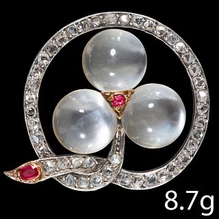 VICTORIAN MOONSTONE , RUBY AND ROSE CUT DIAMOND BROOCH