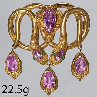 IMPORTANT AND MAGNIFICENT ANTIQUE SNAKE PINK TOPAZ DROP BROOCH