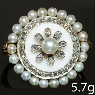 FINE ANTIQUE PEARL DIAMOND AND ENAMEL CLUSTER RING