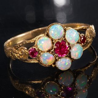 ANTIQUE VICTORIAN RUBY AND OPAL CLUSTER RING
