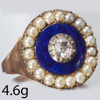 ANTIQUE DIAMOND ENAMEL AND PEARL CLUSTER RING