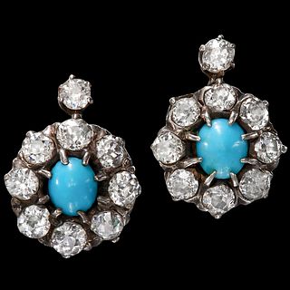 FINE PAIR OF ANTIQUE DIAMOND AND TURQUOISE CLUSTER EARRINGS