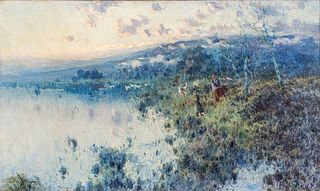 Eliseo Meifrén Roig (Spanish, 1859-1940) Oil on Canvas, "Figural Landscape", H 23.75" W 39.25"