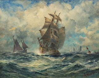 Robert Hopkin (American, 1832-1909) Oil on Canvas, "Sailing Vessel in Choppy Seas", H 16.25" W 20.25"