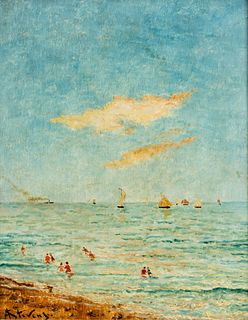 Alfred Emile Leopold Stevens (Belgian, 1823-1906) Oil on Beveled Panel, "Summer Day, Honfleur, France", H 16" W 12.75"