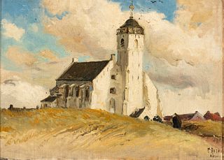 Mathias Joseph Alten (German/American, 1871-1938) Oil on Canvas Ca. 1911, "St. Andreas Church, Katwijk, Holland", H 10.75" W 15.25"