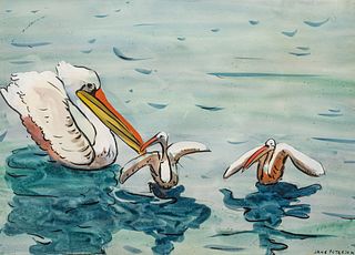 Jane Peterson (American, 1876-1965) Watercolor And Gouache on Paper "Pelicans", H 14.5" W 20"