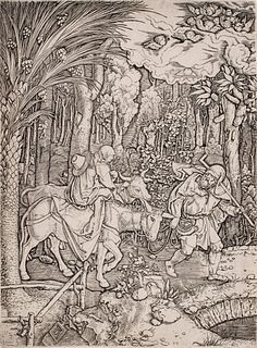 Marcantonio Raimondi (Italian, 1480-1534) After Albrecht Durer Engraving on Watermarked Laid Paper, "The Flight Into Egypt"