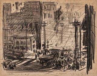 Attributed to John Sloan (American, 1871-1951) Conte Crayon And Graphite on Paper, 1924, "Accident (Elm St. And State St.)", H 7" W 9.25"