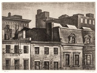 Armin Landeck (American, 1905-1984) Etching on Wove Paper, 1937, "Housetops", H 8.25" W 11.2"