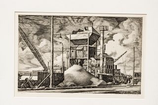 Armin Landeck (American, 1905-1984) Engraving on Paper 1941, "East River Construction", H 8.4" W 16"