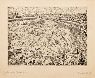 James Ensor (Belgian, 1860-1949) Etching on Simili Japon 1895, Bataille Des Éperons D'or (Battle of the Golden Spurs), H 7" W 9.3"