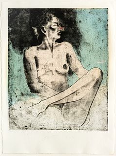 Jim Dine (American, B. 1935) Etching with Hand Coloring in Rives BFK Paper, 1979, "The Cellist Against Blue", H 23.8" W 19.6"