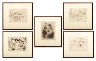 Marc Chagall (French/Russian, 1887-1985) Drypoint Etchings on Paper 1923-48, "Les Ames Mortes: Five Plates", H 8.75" W 11.25"