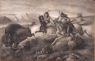 J. Palmer Gouache on Paper Mounted to Linen, Ca. 1860-1880, "Buffalo Hunt", H 35" W 55"