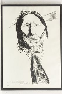 Leonard Baskin (American, 1922-2000) Lithograph on Paper, Ca. 1972, "Wolf Robe Cheyenne", H 35" W 25"