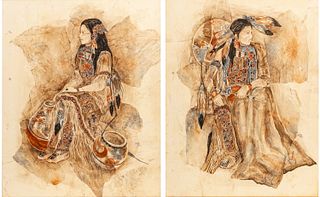 Barbara Wagner (American, 20th C.) Watercolors on Layered Rice Paper, Ca. 1988, "Luella" And "Cheyenne Scout" H 33" W 27" 2 pcs