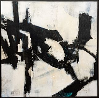 Toledo Contemporary Artist Mixed Media on Canvas "Black And White Abstract", H 49.5" W 49.75"