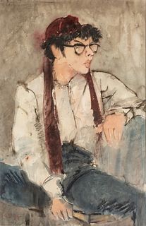 Richard Jerzy (American, 1943-2001) Watercolor on Paper, "Young Man with Glasses", H 29.25" W 19"