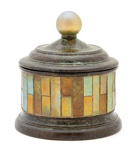 Tiffany Studios Bronze And Mosaic Glass Covered Container Ca. 1900-1919, H 6.5" Dia. 6"