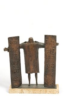 Giuseppe Macri (American, 20th C.) Bronze Sculpture, Ca. 1962, "Moses And the Ten Commandments", H 10.25" W 10.25" Depth 2.25" 2 pcs