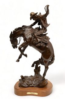 Cloyd Barnes (American, 20th C.) Bronze Sculpture, Ca. 1981, "Mustang Challenge", H 21.5" W 12" Depth 7"