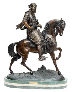 After Antoine-Louis Barye (French, 1796-1875) Bronze Sculpture, Arab on Horse, H 27" W 10" L 21.5"