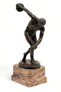Continental World Tour Bronze Sculpture, Ca. Late 19th C., "Discobolus", H 15.25" W 5" L 9"