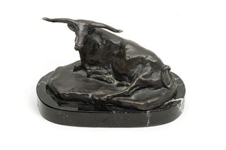 After Charles Marion Russell (American, 1864-1926) Bronze Sculpture Late 20th C., "Texas Steer", H 3" W 3" L 5.5"
