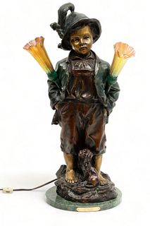 Haubner, Bronze Sculpture with Two Electric Lights "Alpine Boy with Dog", H 26"