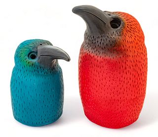 Jaye Bumbaugh (American/Ohio, 1937-2020) Painted Ceramic Crow Sculptures, 2009 And 2010, H 18" And 12.5", 2 pcs