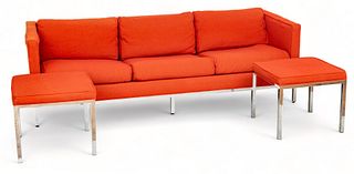 Jack Cartwright (American) Mid Century Modern Red Upholstered Chrome Sofa And Two Ottomans 3 Pcs H 26" W 32" L 84"