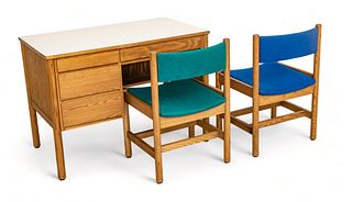 Mid Century Modern Teakwood Desk with Two Upholstered Blue And Green Chairs, 3 Pcs Total