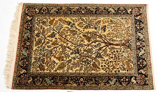 Persian Qum Handwoven Silk Tree of Life Pattern Rug, W 3' 6.5'' L 5' 2.5''
