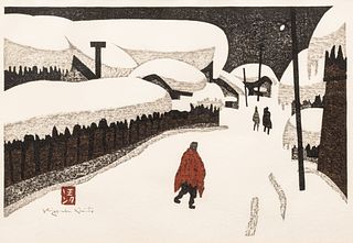 Kiyoshi Saito (Japanese, 1907-1997) Woodblock in Colors, 1960, "Winter in Aizu (The Red Coat)", H 10.5" W 15.25"
