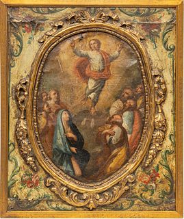 Spanish Colonial School Oil on Canvas, Ca. 18th C., "Transfiguration of Christ", H 18.5" W 13.25"