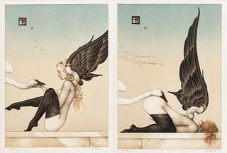 Michael Parkes (American, B. 1944) Lithographs in Colors on Wove Paper, 1996, "Almost Fallen Angels", Group of Two Prints, H 15.25" W 11"