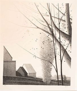 Robert Kipniss (American, B. 1931) Lithograph on Wove Paper Ca. 1980, "Rooftops And Trees", H 20" W 16"