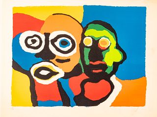 Karel Appel (Dutch, 1921-2006) Silkscreen in Colors on Wove Paper, Ca. 1986, "Two Heads", H 20" W 26"