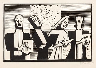 Gerhard Marcks (German, 1889-1981) Woodblock on Paper 1946, "Small Quartet II", H 6.25" W 9.5"