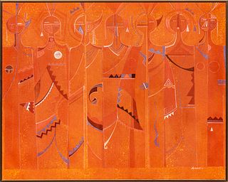 David Chethlahe Paladin (American, 1926-1984) Oil on Canvas, 1977, "Anasazi Spirits", H 24.25" W 30.25"