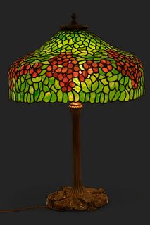 After Unique Table Lamp And Art Glass Shade  Late 20th C., "Apple Blossom", H 26" Dia. 18"