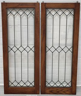 Mission Style Leaded Glass Windows, Oak Frames Ca. 1920, H 40" W 15.7" 2 pcs