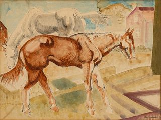 William Sommer (American, 1867-1949) Watercolor And Ink on Paper, "Horses", H 9.75" W 12.75"
