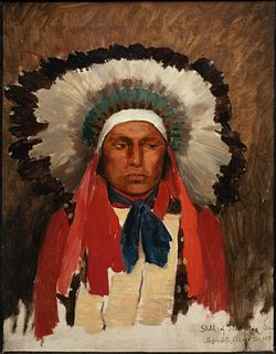 American Oil on Canvas, Ca. 1897, "Sketch of Short Man, Sioux", H 20" W 16"