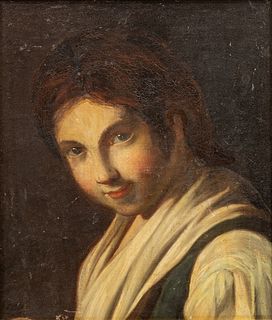 Italian School Oil on Canvas Mounted to Masonite, Ca. 1800, "Portrait Of A Young Woman", H 13.75" W 11.75"