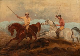 European Oil on Canvas, 19th C., "Boar Hunt", H 13" W 18.75"
